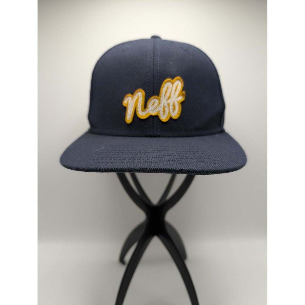 Neff Headwear Mens Navy Blue Snapback Hat Yellow Script Logo Patch Wool Blend